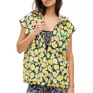 Diane Von Furstenberg Vest Nylon Packable Yellow Poppy Hood Size XXL NWT